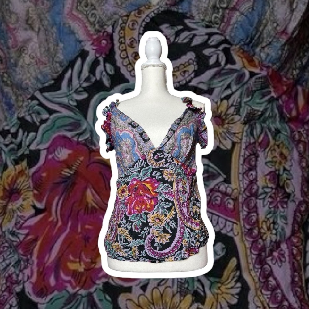 Y2K Vintage Claudette Floral Paisley Print Ruffle Sleeve Tank Top Coquette Fairy